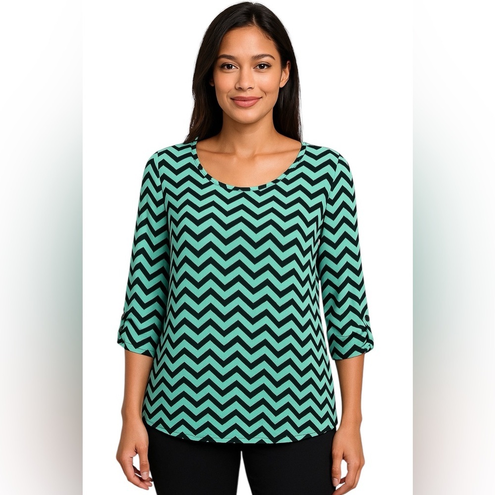 Iner Mint Green Chevron Geometric Blouse Relaxed Workwear Minimalist Top Small